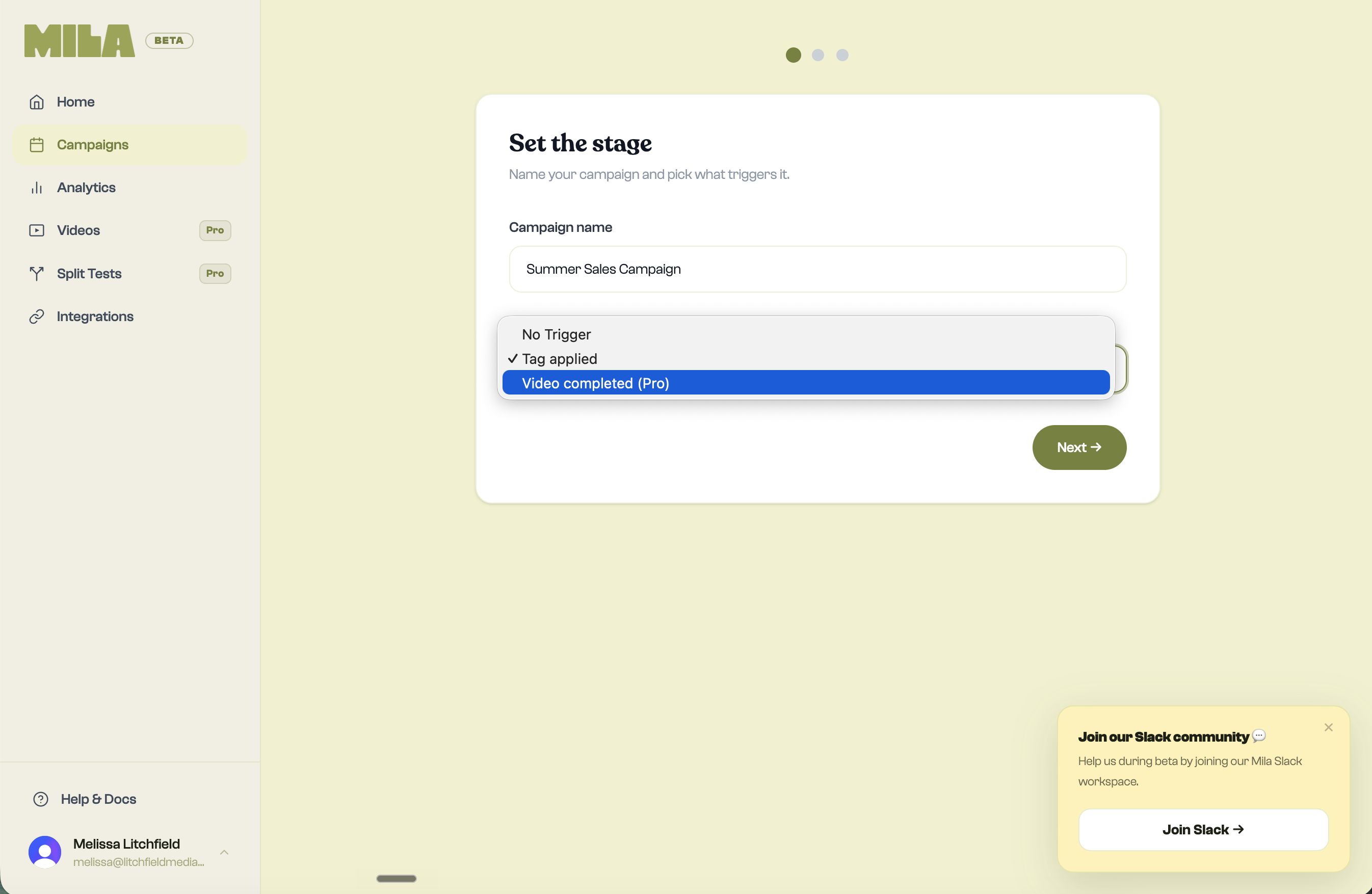 Mila campaign creation screen showing trigger type selection — fixed date vs evergreen tag-triggered