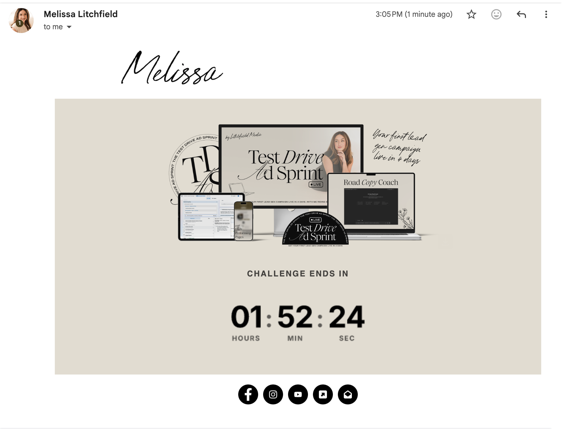 Example of a Mila branded countdown timer GIF embedded in an email — showing hours, minutes, seconds ticking down