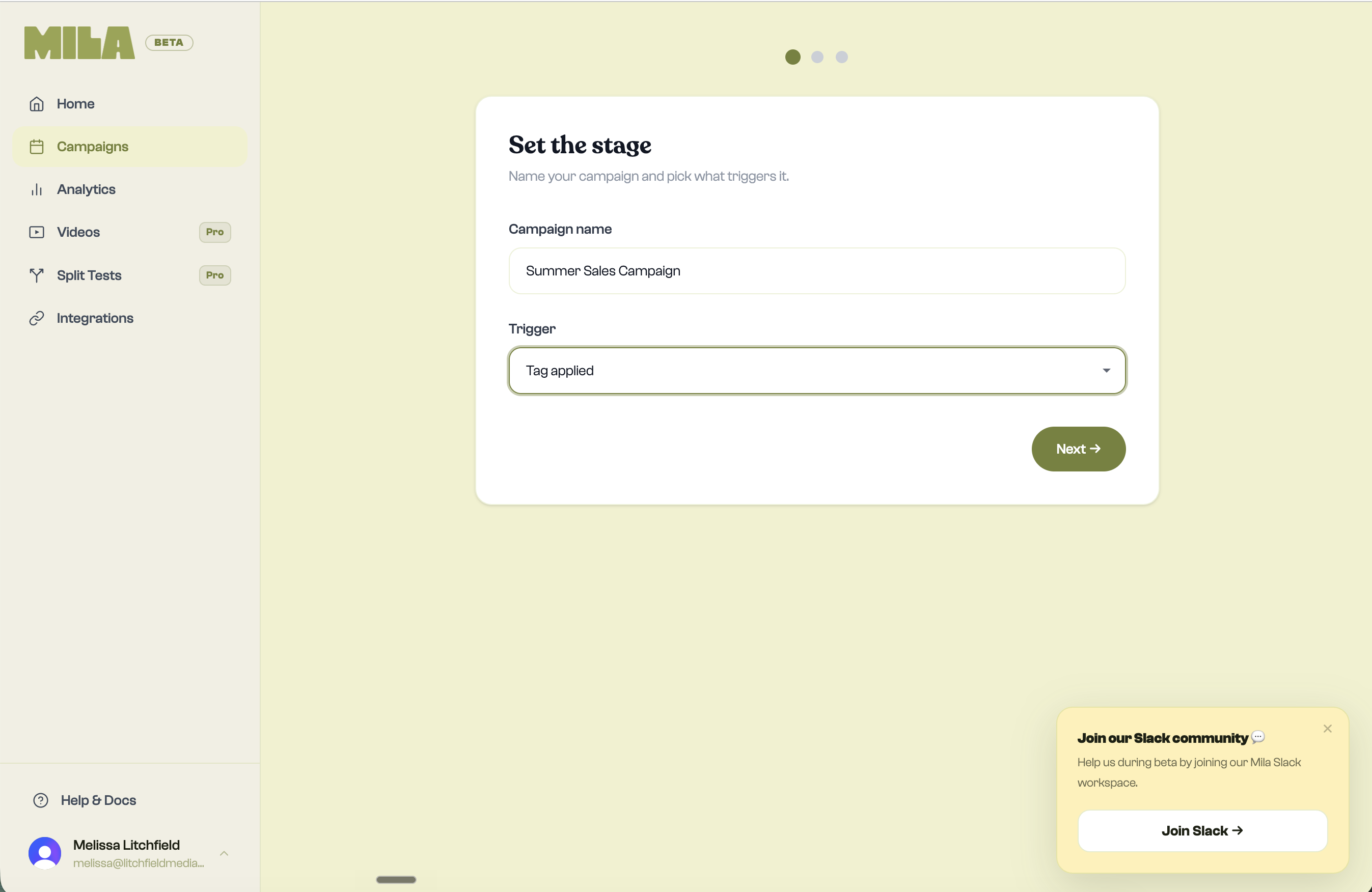 Mila campaign type selector — showing Fixed Date and Evergreen (Tag-Triggered) options side by side