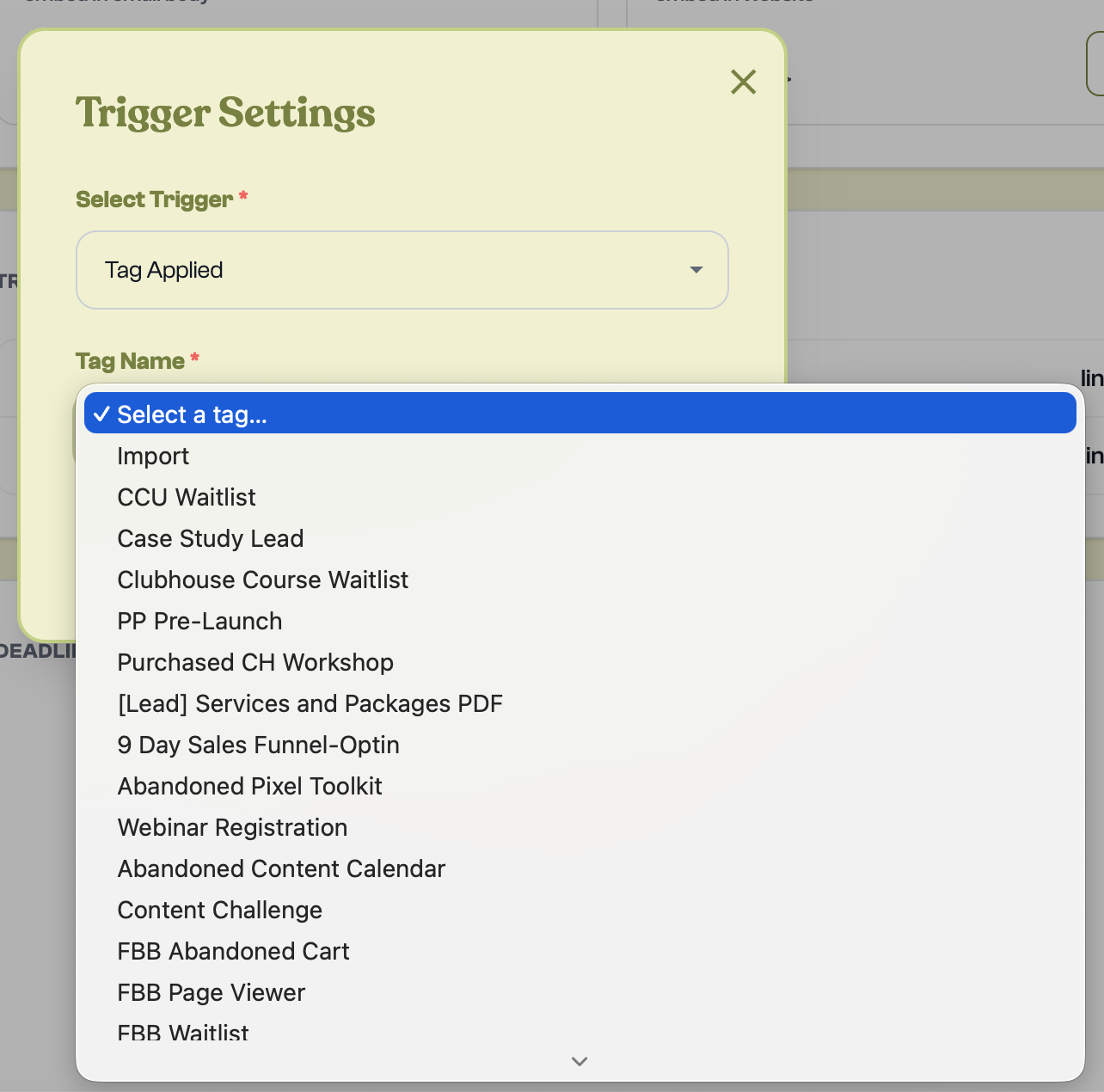 Mila Trigger Settings — selecting which Kit tag fires the subscriber's personal countdown