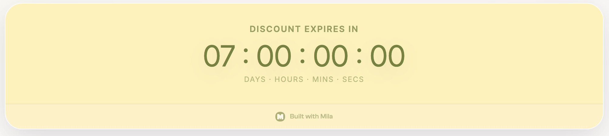 A live Mila countdown timer showing "Discount Expires In 07:00:00:00" — as it appears embedded on a sales page
