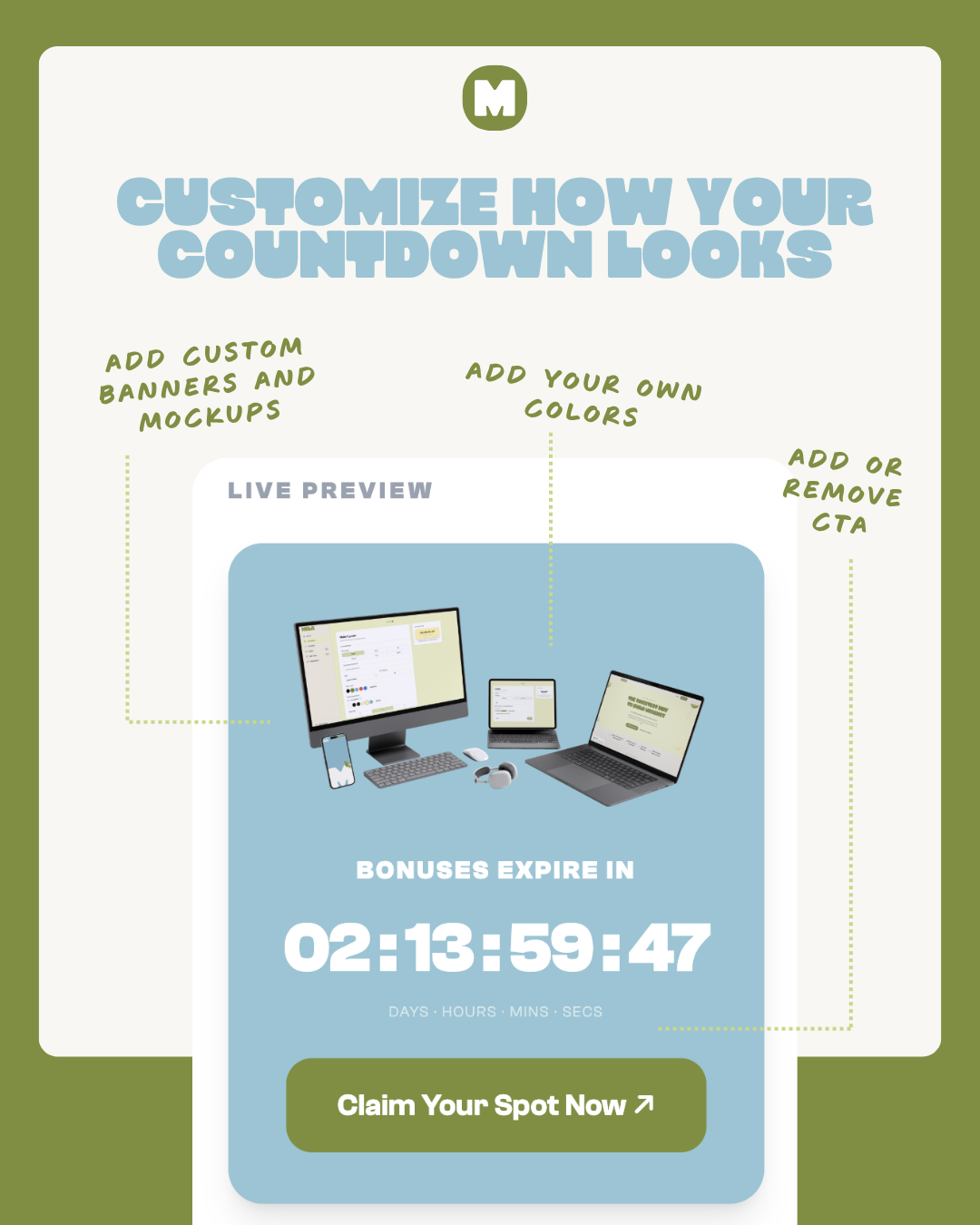 Mila branded timer live preview — custom banner image, countdown digits, and CTA button