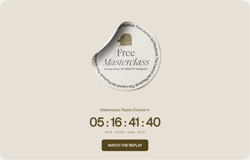 Mila campaign preview for the Ad Playbook Masterclass Replay, showing a branded fixed-date replay countdown and Watch the Replay CTA